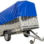 Remorque à un essieu 230x125 UNITRAILER GARDEN 230 KIPP avec côtés en filet, châssis H-800 et bâche bleue