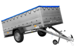 Remorque simple essieu Unitrailer GARDEN TRAILER 264 KIPP avec rehausses de ridelles et bâche plate bleue