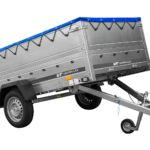 Remorque simple essieu Unitrailer GARDEN TRAILER 264 KIPP avec rehausses de ridelles et bâche plate bleue